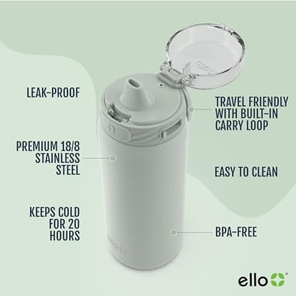 Ello Cooper 18oz Kids Stainless Steel Water Bottle with Straw and Carry Handle, Double Walled and Vacuum Insulated Metal, Leak Proof Locking Lid with Soft Silicone Spout, Reusable, BPA Free, Sage - color: Sage, size: 18 Ounces