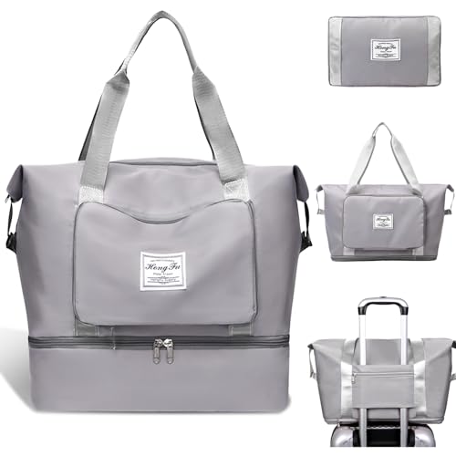 INVODA Travel Bag for Women Expandable Duffel Bag Tote Weekender Overnight Carry on Sports Gym Bags Waterproof Foldable Duffel Tote (Grey)