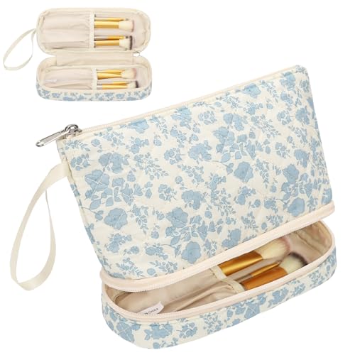 Ethereal Small Makeup Bag, 2 Layers Travel Make up Organizer Bag with Makeup Brush Holder, Portable Cosmetic Bag for Women/Girls, Blue Flower - color: 02-blue flower