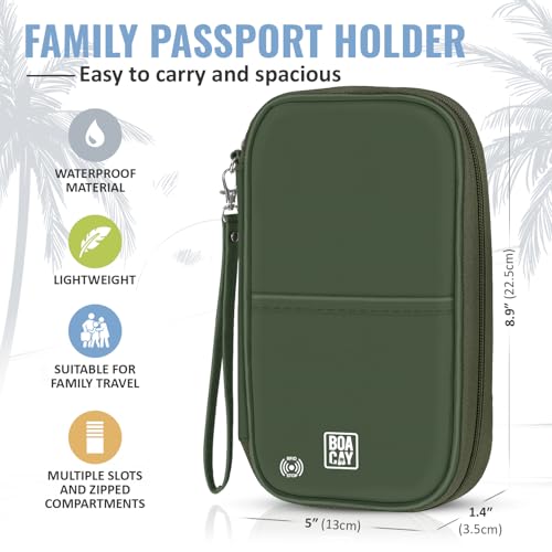 BOACAY Travel Document Organizer with RFID, Family Passport Holder, Wallet for Women & Men, Portable & Waterproof Case for Cards, Boarding Pass, Money - color: Olive Green