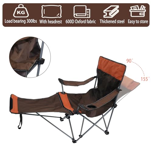 Camping Lounge Chair with Headrest Footrest and Storage Bag, Portable Folding Reclining Camping Chair with Foot Rest for Adults Outdoor Camping Beach Hiking Fishing (Orange Brown)