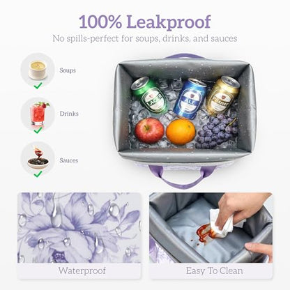 Lunch Box for Women Insulated Lunch Bag, Cute Lunch bags,Reusable Large Capacity Leakproof Lunchbox with Adjustable Shoulder Strap, Lunch tote for Work Office Picnic Travel (Purple Flower) - color: Purple Flower