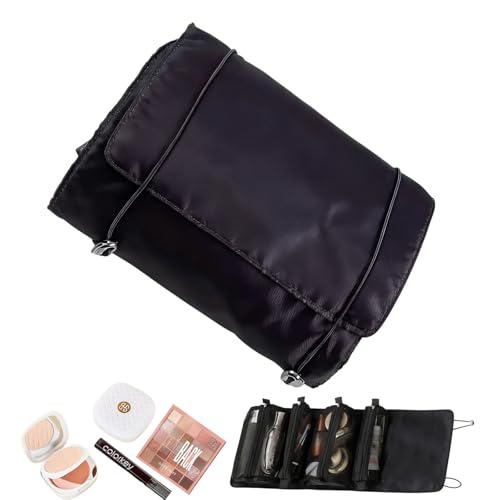 4 in 1 Detachable Roll Up Makeup Bag, Travel Make up Bag Large Capacity, Portable Toiletry Organizer with Mesh Pockets, Foldable Cosmetic Case for Travel, Gym, Home (Black)