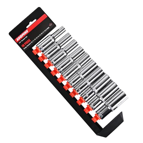 Egofine 10PCS 1/2” Drive Deep Socket Set,Metric Socket Set（10mm-21mm,6 Point Socket Set With Hanging Bracket,Cr-V Steel - size: 1/2, style: 10PC Deep Socket Set