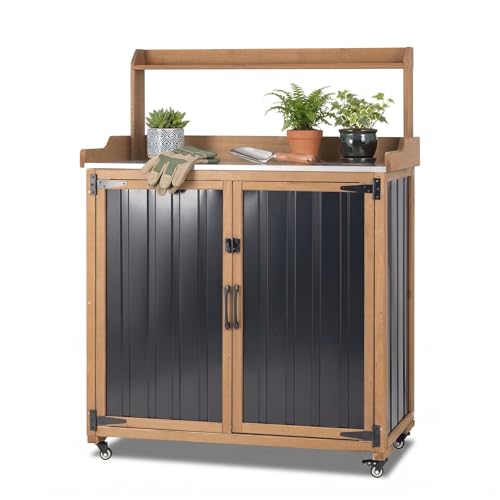 Ketive Outdoor Potting Bench with Storage, Potting Table with Metal Top, Garden Workstation Cabinet with Shelf, Rolling Outdoor Work Table for Backyard Patio Gardening - color: Black, size: 37" x 18" x 47"