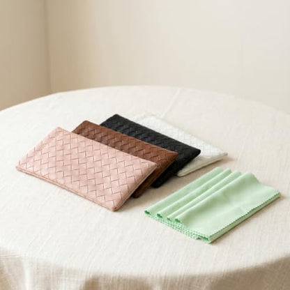 Goufaju 4 Pcs Soft Leather Squeeze Top Sunglass Case with Cleaning Cloth, Portable Eyeglass Pouch for Travel and Daily Use (Pink,Brown,Black,White & 4×Cleaning Cloth)