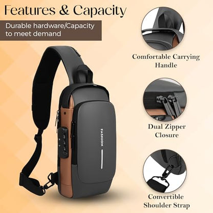 Unisex Anti-Theft Sling Bag with USB Port, Water-Resistant Crossbody Chest Backpack for Travel & Work - color: Grey & Golden