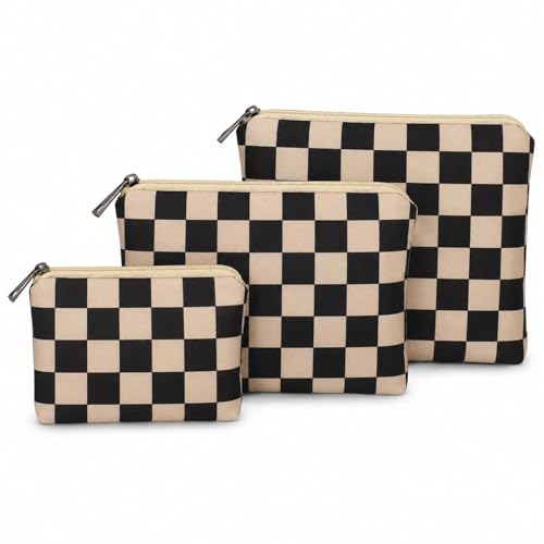 Small Cosmetic Bag Set of 3 for Purse, Cute Cotton Floral Makeup Bags, Small Makeup Bag Organizer, Cosmetic Pouch Set for Travel & Daily Use - color: Brown Checker
