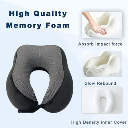 Memory Foam Travel Neck Pillow for Airplane – 360° Ergonomic Neck Support Pillow with Adjustable Fit, Breathable Washable Cover, Travel Pillow Set with Eye Mask, Earplugs & Storage Bag