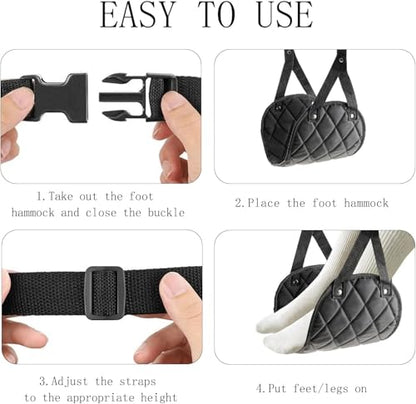Premium 2-Pack Airplane Foot Hammock with 2 Eye Masks & 2 Earplugs Set - Adjustable Length Foot Rest for Comfortable Plane Travel, Portable Under Desk Flight Foot Leg Sling - Black & Blue