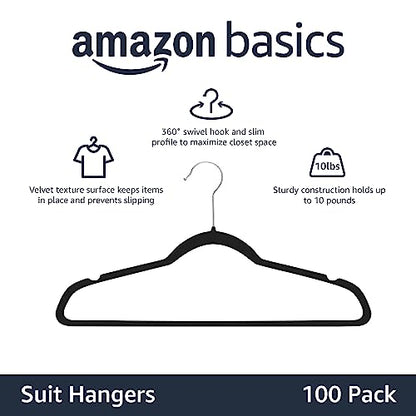 Amazon Basics Slim Velvet Non-Slip Space Saving Suit Clothes Hangers, Closet Organizer, Black/Silver, 100-Pack - color: Black, size: Pack of 100