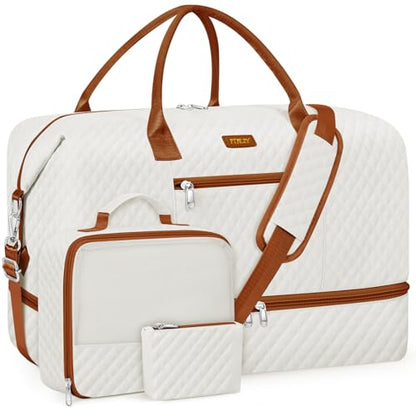 ITIEZY Weekender Overnight Bag for Women - Large Travel Duffel Bag with Shoe Compartment, Gym Duffel Bag Hospital Bag Carry On Tote Bags for Airplanes with Crossbody Bag Toiletry Bag 3Pcs Set - color: 9a-Beige