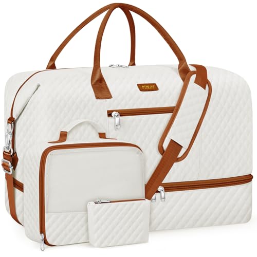 ITIEZY Weekender Overnight Bag for Women - Large Travel Duffel Bag with Shoe Compartment, Gym Duffel Bag Hospital Bag Carry On Tote Bags for Airplanes with Crossbody Bag Toiletry Bag 3Pcs Set - color: 9a-Beige