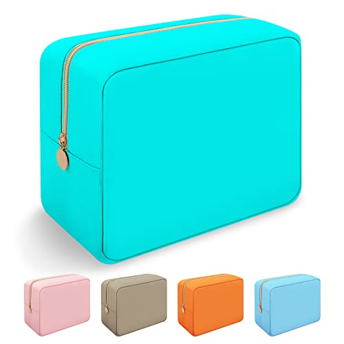 Iqimott Nylon Large Makeup Bag Travel Pouch, Preppy Big Cosmetic Bag Makeup Organizer Nylon Large Capacity Toiletry Bag, Waterproof Large Zipper Pouch Storage Bag for Women Girls Teens(Cyan) - color: Cyan, size: Large