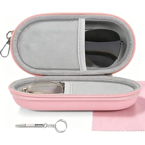 Double Glasses Case,Dual Eyeglasses & Sunglasses Organizer with Clip Zipper Closure for Travel 2 Pairs Storage Box - color: Pink