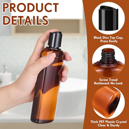 Domensi 24 Pcs Plastic Bottle Squeeze Containers with Disc Cap Travel Bottles Reusable Empty Toiletries Shampoo Containers Refillable Travel bottles for Shampoo Lotions (6.8oz,Brown) - color: Brown, size: 6.8oz