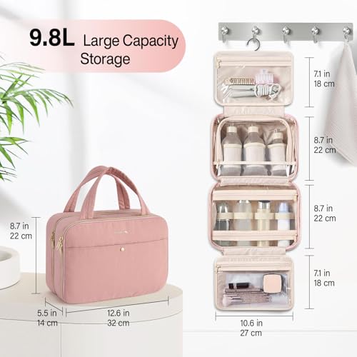 Hanke Hanging Travel Toiletry Bag for Women with Jewelry Organizer Compartment, Travel Essentials Toiletries and Makeup Bag, Water-Resistant & Stain-Resistant with Trolley Strap (Pink) - color: Pink