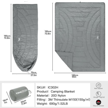 iClimb 3M Thinsulate Insulation Warm Camping Blanket Ultralight Compact - color: Light Grey, size: 72.8” × 55”, 1.52 lb