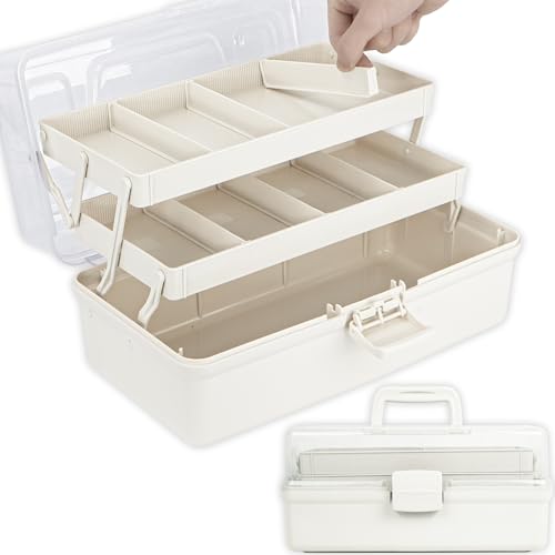 TERGOO 12.5in 3-Layer Multipurpose Craft Organizers and Storage with Adjustable Dividers, Portable Tackle Box, Folding Art & Craft Case for Medicine, Tool, Sewing Organizer (White) - color: White, size: Large