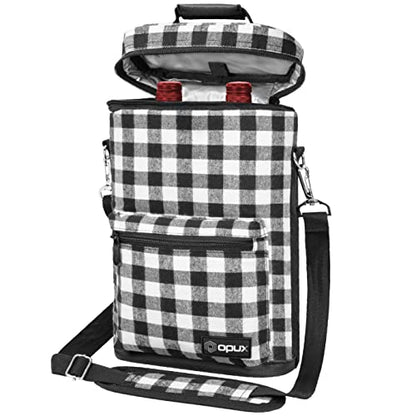 Opux 2 Bottle Wine Tote Carrier, Insulated Cooler Bag for Travel Picnic, Leakproof Padded Case, Wine Gifts for Women & Men, Plaid Buffalo White - color: Buffalo Plaid White