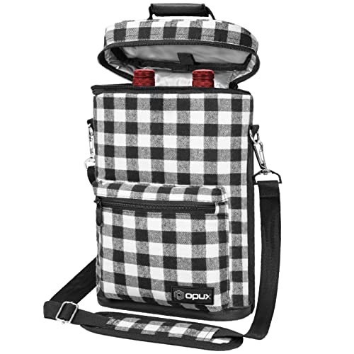 Opux 2 Bottle Wine Tote Carrier, Insulated Cooler Bag for Travel Picnic, Leakproof Padded Case, Wine Gifts for Women & Men, Plaid Buffalo White - color: Buffalo Plaid White