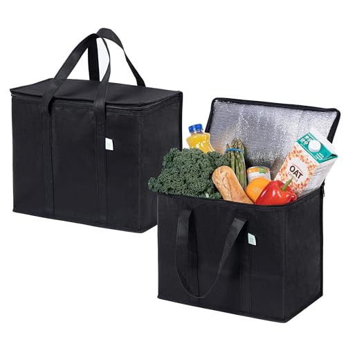 VENO 2 Pack Cooler Bags - Insulated for Food Delivery, Collapsible and Reusable Shopping Bags with Zipper, Foldable, Heavy-Duty, Stands Upright - Ideal for Groceries (Black, 2 Pack) - color: Black, size: 2 Pack