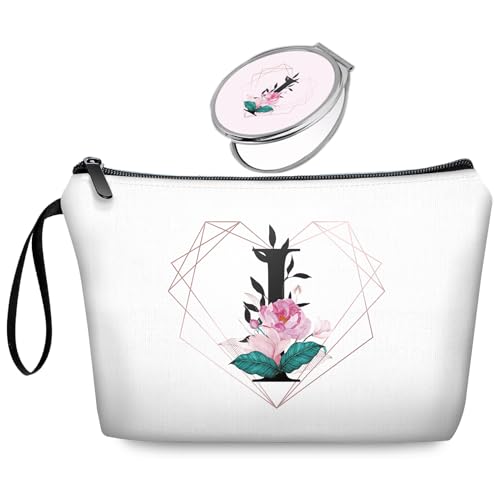Initial I Bride Gifts for Women – Personalized Letter I Travel Makeup Bag Set with Mirror, Monogram I Cosmetic Pouch for Bridesmaid Maid of Honor Wedding Bridal Shower - color: Diamond-like Ietter I Floral-white-2S