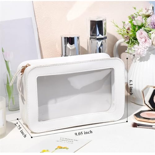 Clear and Waterproof Makeup Bag Portable Travel Cosmetic Case Organizer for Women Toiletry Pouch with Transparent Vinyl Windows & Zippers (White) - color: White