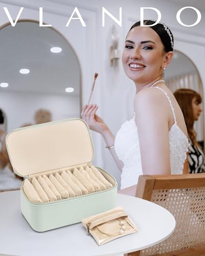 VLANDO Jewelry Organizer with 12 Velvet Jewelry Bags Travel Jewelry Case for Girls Premium Petal Hardware Jewelry Box Necklace Rings Earrings Bags Birthday Holidays Gifts for Self-Mint Green - color: 12PCS-Mint Green