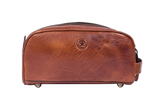 Leather Toiletry Bag for Men | Grooming Travel Kit | With Waterproof Lining | By Aaron Leather Goods - color: Jade Brown