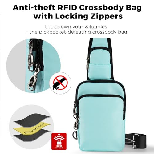 VADOO Sling Bag, Crossbody Bag with Zipper Lock, RFID Blocking & Water Resistant for Men and Women - color: Light Blue
