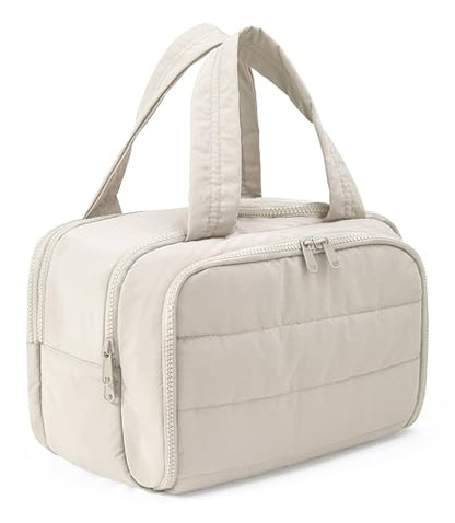 Travel Toiletry Bag for Women, Large Wide-open Puffy Cosmetic Makeup Bag with Wet-Dry Separation, Multi-Pocket Organizer with Carry Handle for Toiletries, Cosmetics, Essentials, Beige - color: Beige