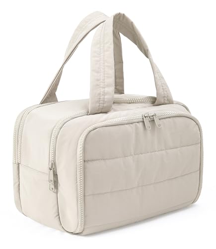 Travel Toiletry Bag for Women, Large Wide-open Puffy Cosmetic Makeup Bag with Wet-Dry Separation, Multi-Pocket Organizer with Carry Handle for Toiletries, Cosmetics, Essentials, Beige - color: Beige