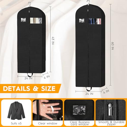 2-Pack Garment Bags for Storage & Travel - 60" & 43" Hanging Clothes Bags with 4" Gusset, Clear Window, Handle & ID Holder | Suit, Dress, Coat Covers for Closet Organization - size: 60" & 43"- 2 Pack