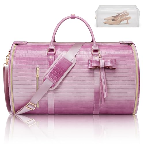 Garment Bags for Travel, 2-in-1 Convertible Travel Garment Duffle Bag for Women, Foldable Carry On Garment Bag with Shoe Compartment & Toiletry Pocket, PU Leather Weekender Bag, Pink-White - color: Pink-White