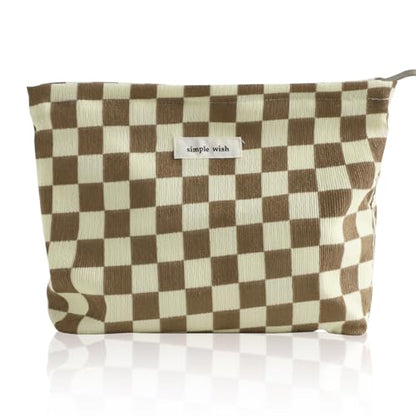 Wudygirl Checkered Makeup Bag Large Capacity Makeup Pouch Travel Cosmetic Pouch for Women Canvas Toiletry Bag Zipper Handbag Aesthetic (Khaki Checkered) - color: Khaki Checkered