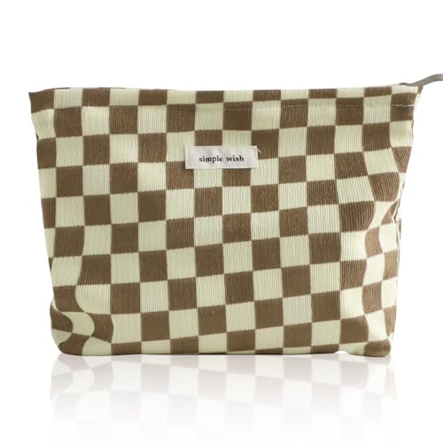 Wudygirl Checkered Makeup Bag Large Capacity Makeup Pouch Travel Cosmetic Pouch for Women Canvas Toiletry Bag Zipper Handbag Aesthetic (Khaki Checkered) - color: Khaki Checkered