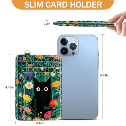 Yonlevres Black Cat Credit Card Holder Slim Wallet, Floral RFID Wallet Women Front Pocket Small Card Holder, Travel Funny Cute Thin Card Case ID Window PU Leather RFID Blocking Card Organizer Girls - color: Cat Flower Green