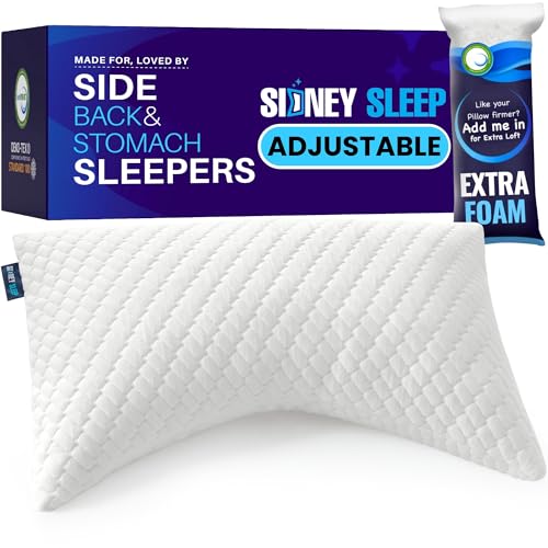 Sidney Sleep Adjustable Bed Pillow for Neck and Shoulder Support with Extra Shredded Fill - Cervical Contour Pillow for Side and Back Sleepers. Standard Size 19" x 26" CertiPUR-US Certified (White) - color: White, size: Standard (Pack of 1)