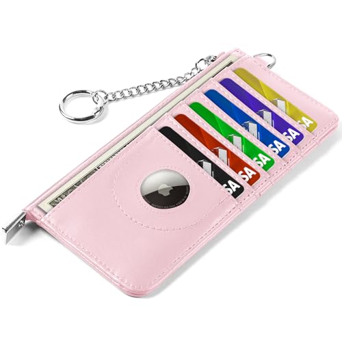 RFID Blocking Slim Credit Card Holder Wallet with Zipper Money Pocket & Keychain, Slim Airtag Wallet for Men Women - color: Cowhide Pink