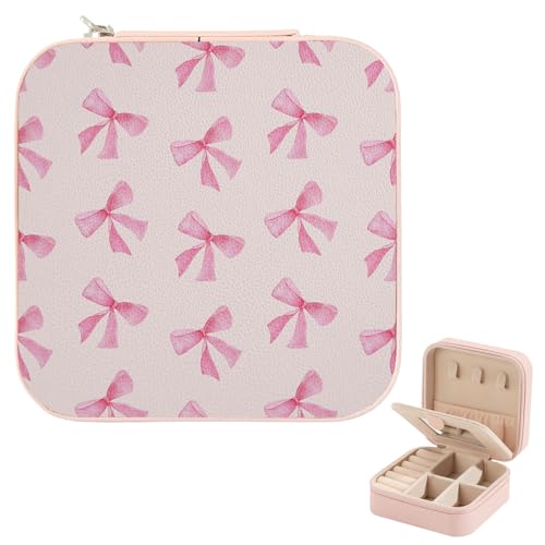 Travel Jewelry Case, Cute Pink Bow Small Travel Jewelry organizer with Mirror, Portable Mini Travel Jewelry Boxes for Rings Earrings Necklaces Bracelets Organize Storage Holder - color: Cute Pink Bow
