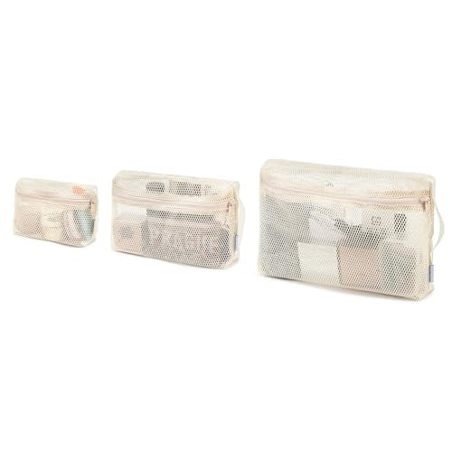 NOL Natural Organic Lifestyle 3-Pack Mesh Travel Toiletry Bags - Clear Zipper Travel Organizer, Airport Carry-On Compliant Reusable Cosmetic Makeup Bag for Women & Men (Cream) - color: Cream