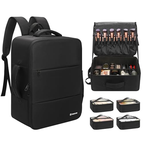 Relavel Makeup Backpack Extra Large Travel Train Case Professional Makeup Artist Kit Set Bag with 4 Clear Bags, Brush Storage Organizer Box with Dividers for Cosmetic Hair Tools Barber Supplies, Black - color: Black