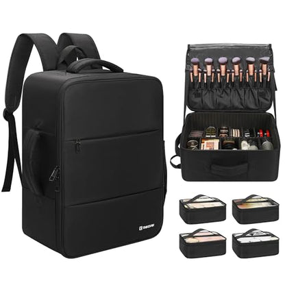 Relavel Makeup Backpack Extra Large Travel Train Case Professional Makeup Artist Kit Set Bag with 4 Clear Bags, Brush Storage Organizer Box with Dividers for Cosmetic Hair Tools Barber Supplies, Black - color: Black
