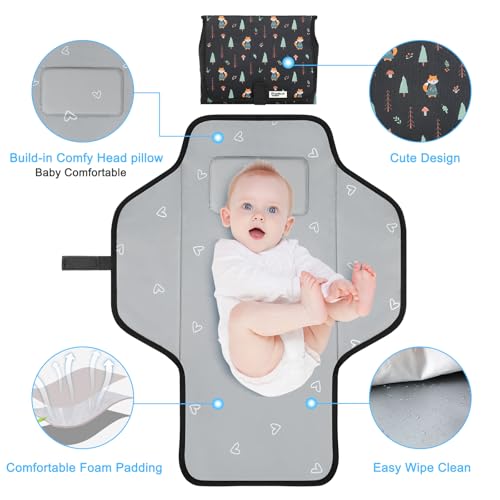 Baby Portable Changing Pad Travel - Waterproof Compact Diaper Changing Mat with Built-in Pillow - Lightweight & Foldable Baby Diaper Changer, Newborn Shower Gifts - color: Black-Woods