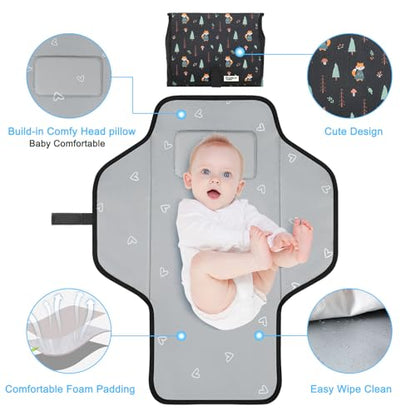 Baby Portable Changing Pad Travel - Waterproof Compact Diaper Changing Mat with Built-in Pillow - Lightweight & Foldable Baby Diaper Changer, Newborn Shower Gifts - color: Black-Woods