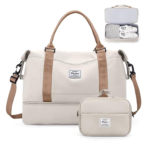 Weekender Bags for Women,Overnight Travel Duffel Bag with Shoes Compartment& Toiletry Bag,Extra Large(Beige & Brown) - color: Beige & Brown, size: Extra Large
