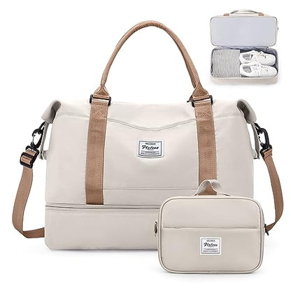 Weekender Bags for Women,Overnight Travel Duffel Bag with Shoes Compartment& Toiletry Bag,Extra Large(Beige & Brown) - color: Beige & Brown, size: Extra Large