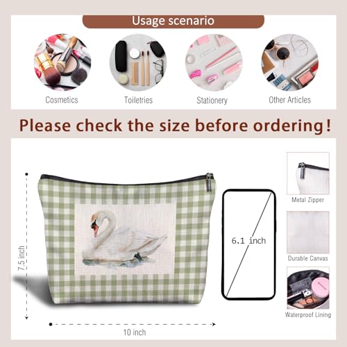 Sage Green and White Gingham Swan Makeup Bag, Elegant White Swan Waterfowl Plaid Checkered Cosmetic Bags for Women, Bird Lovers Gifts Makeup Zipper Pouch - color: White Swan-Green