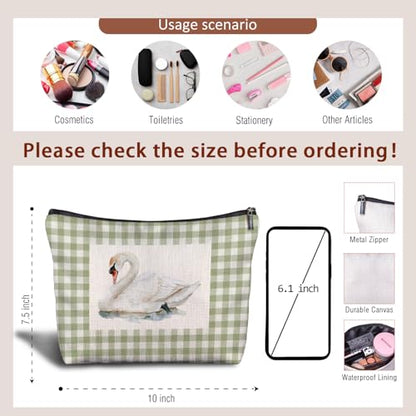 Sage Green and White Gingham Swan Makeup Bag, Elegant White Swan Waterfowl Plaid Checkered Cosmetic Bags for Women, Bird Lovers Gifts Makeup Zipper Pouch - color: White Swan-Green